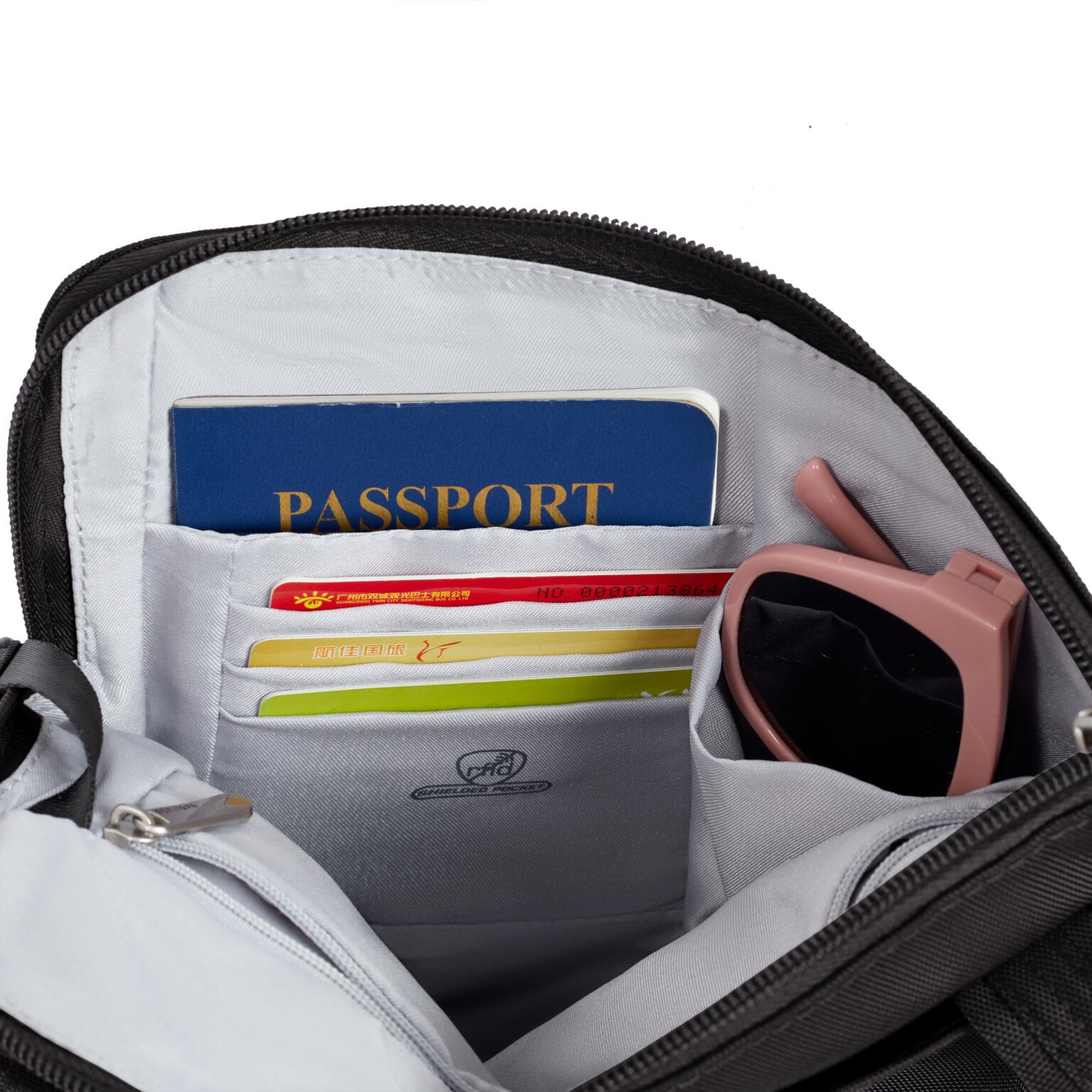 RFID-beschermd vak van de Travelon Classic slanke crossbody tas in zwart met paspoort en pasjes