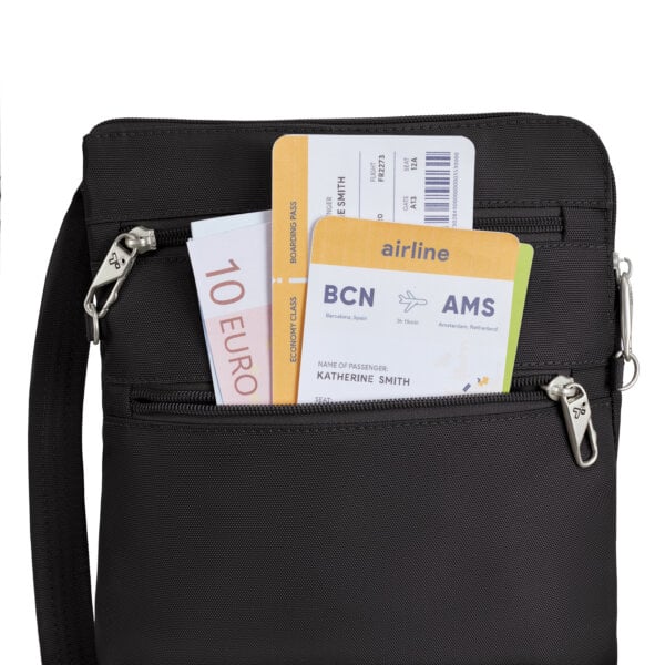 Voorvak van de Travelon Classic slanke crossbody tas in zwart met geld en instapkaarten