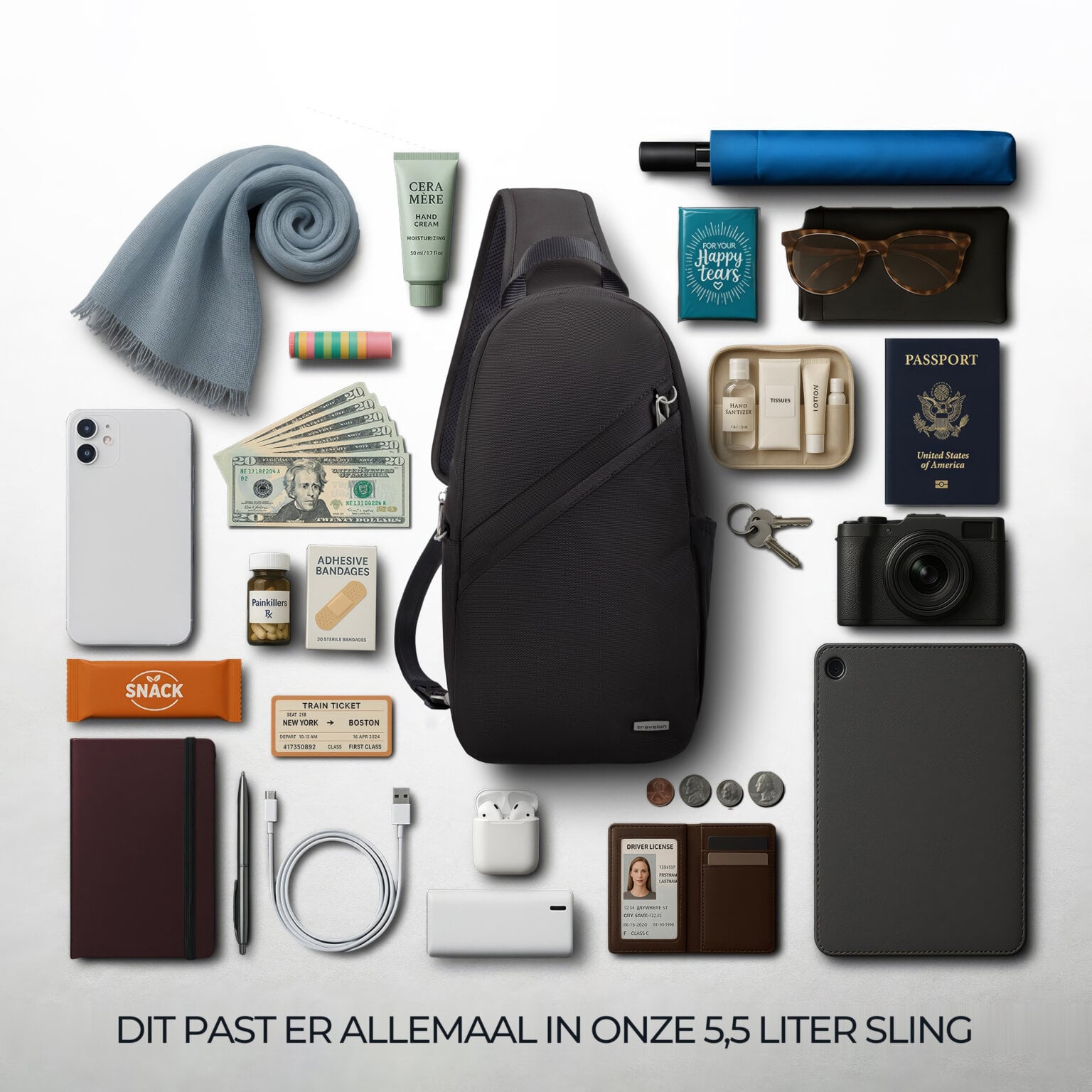 Overzicht van alles wat in de 5,5 liter Travelon Classic sling tas in zwart past