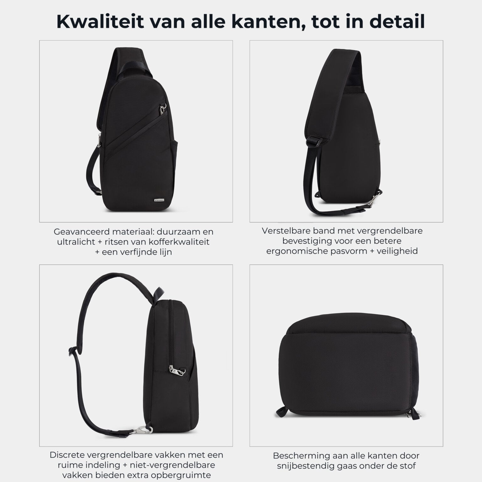 Kwaliteit en details van de Travelon Classic sling tas in zwart van alle kanten
