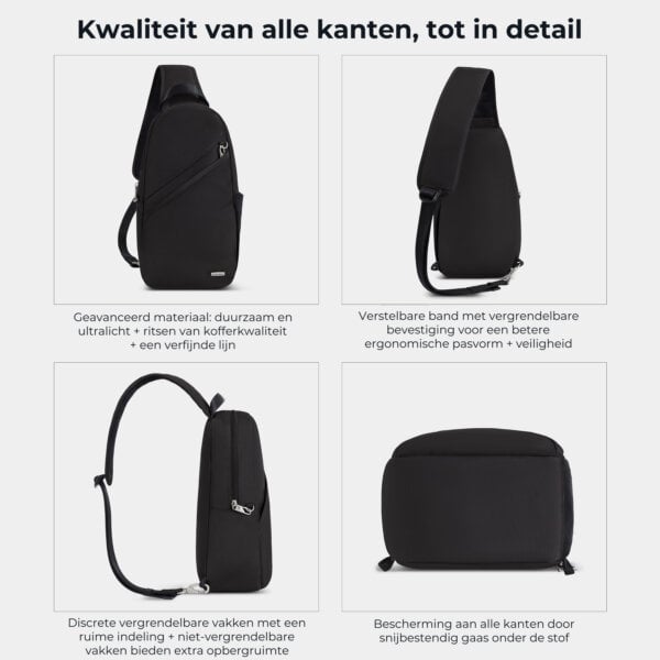 Kwaliteit en details van de Travelon Classic sling tas in zwart van alle kanten