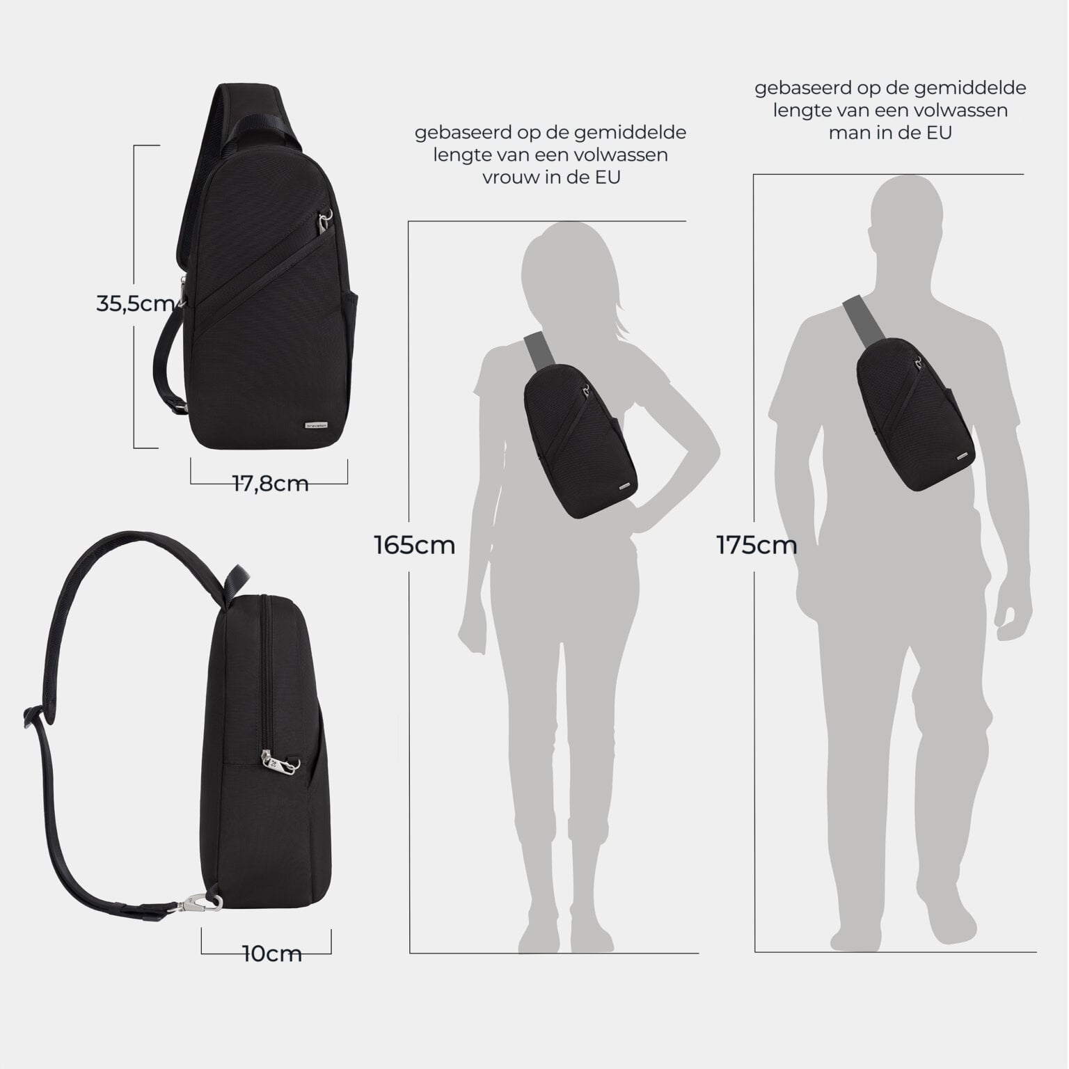 Maattekening van de Travelon Classic sling tas in zwart met de afmetingen in centimeters