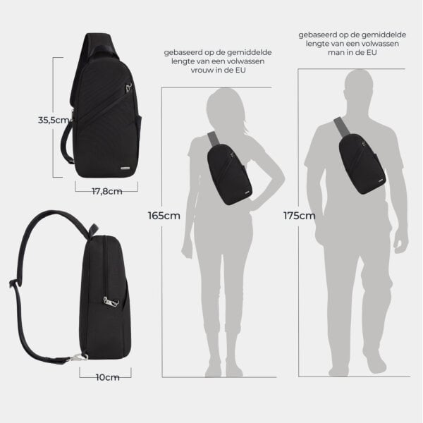 Maattekening van de Travelon Classic sling tas in zwart met de afmetingen in centimeters