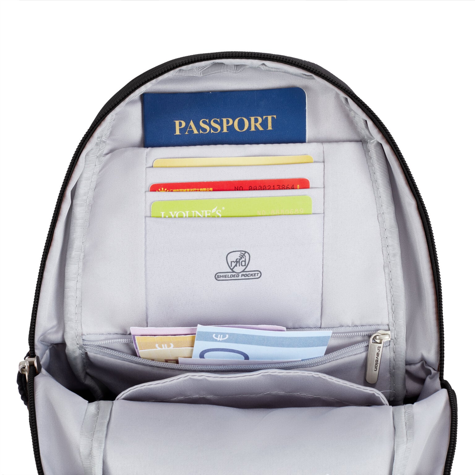 RFID-beschermd vak van de Travelon Classic sling tas in zwart met paspoort en pasjes