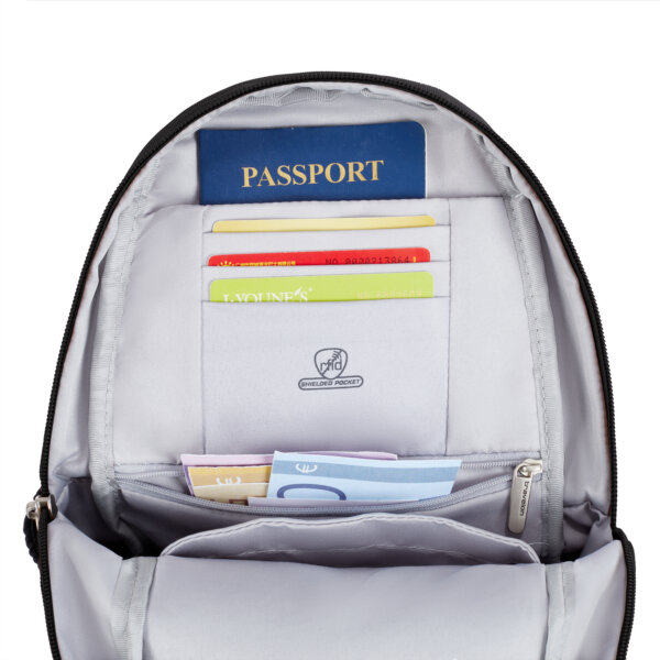 RFID-beschermd vak van de Travelon Classic sling tas in zwart met paspoort en pasjes