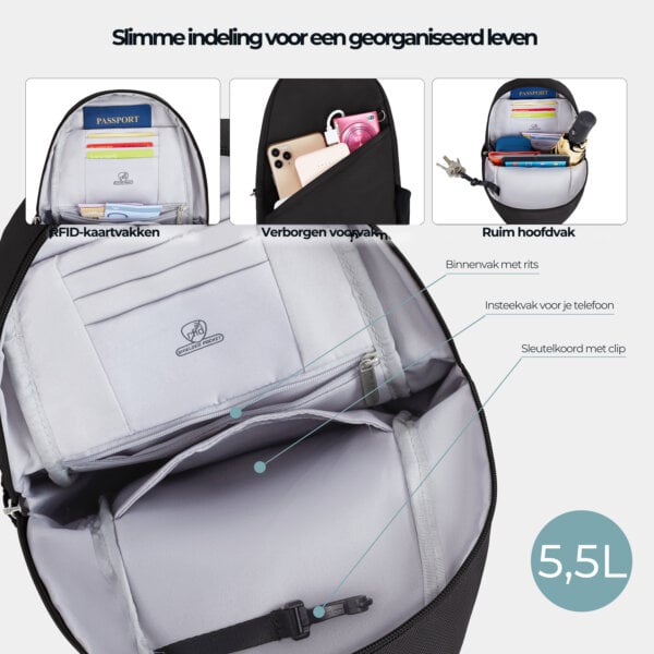 Slimme indeling van de Travelon Classic sling tas in zwart: RFID-kaartvakken, verborgen voorvak en ruim hoofdvak