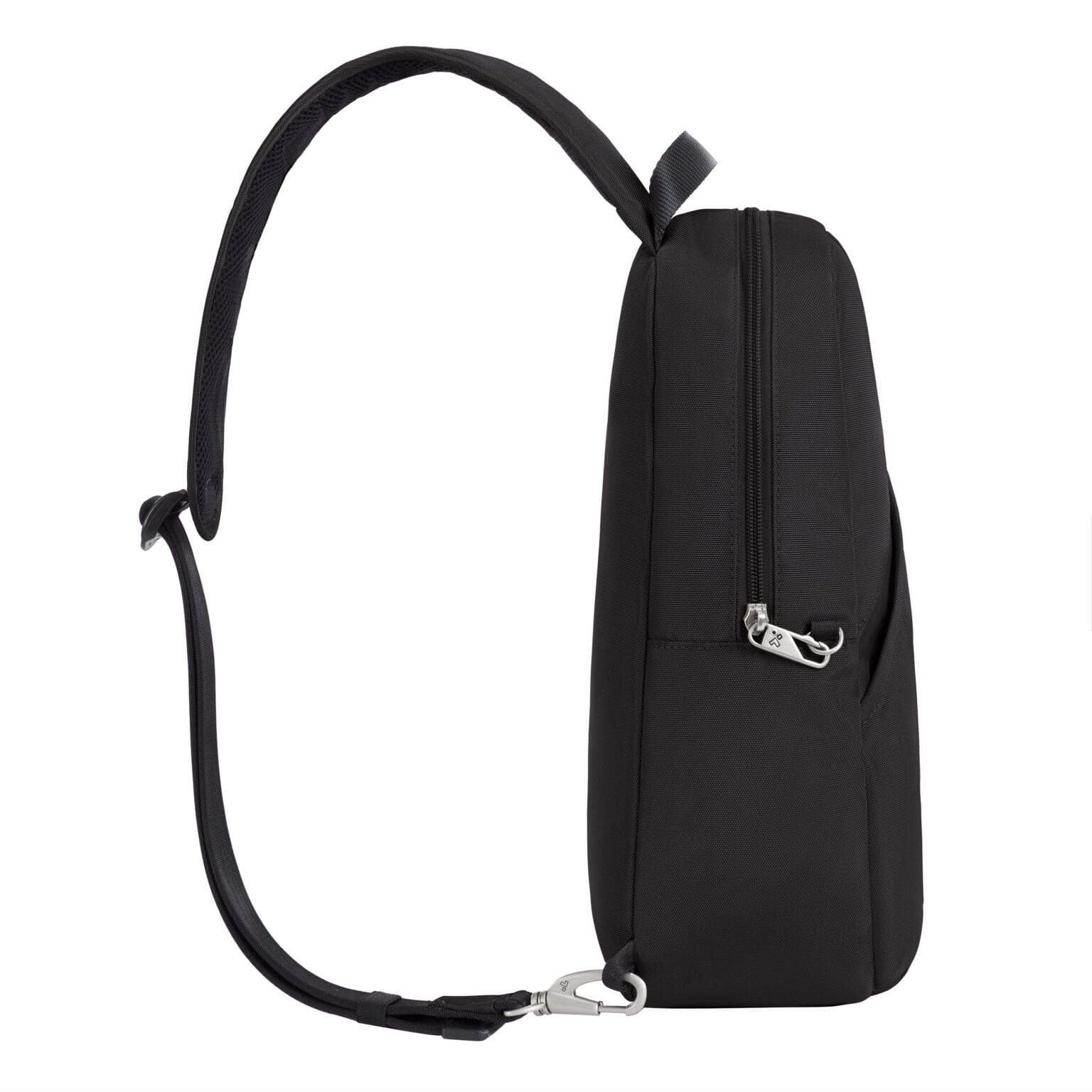 Zijkant van de Travelon Classic sling tas in zwart met de volledige band