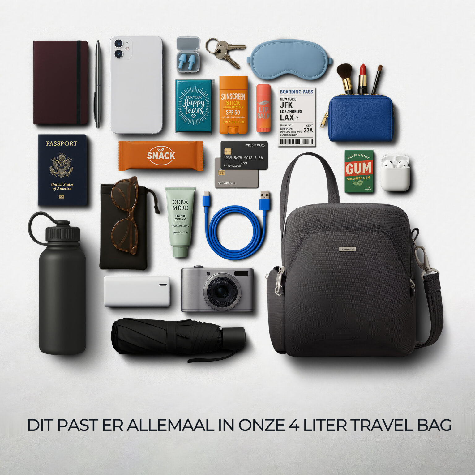 Overzicht van alles wat in de 4 liter Travelon Classic travel bag in zwart past