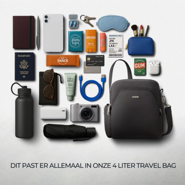 Overzicht van alles wat in de 4 liter Travelon Classic travel bag in zwart past