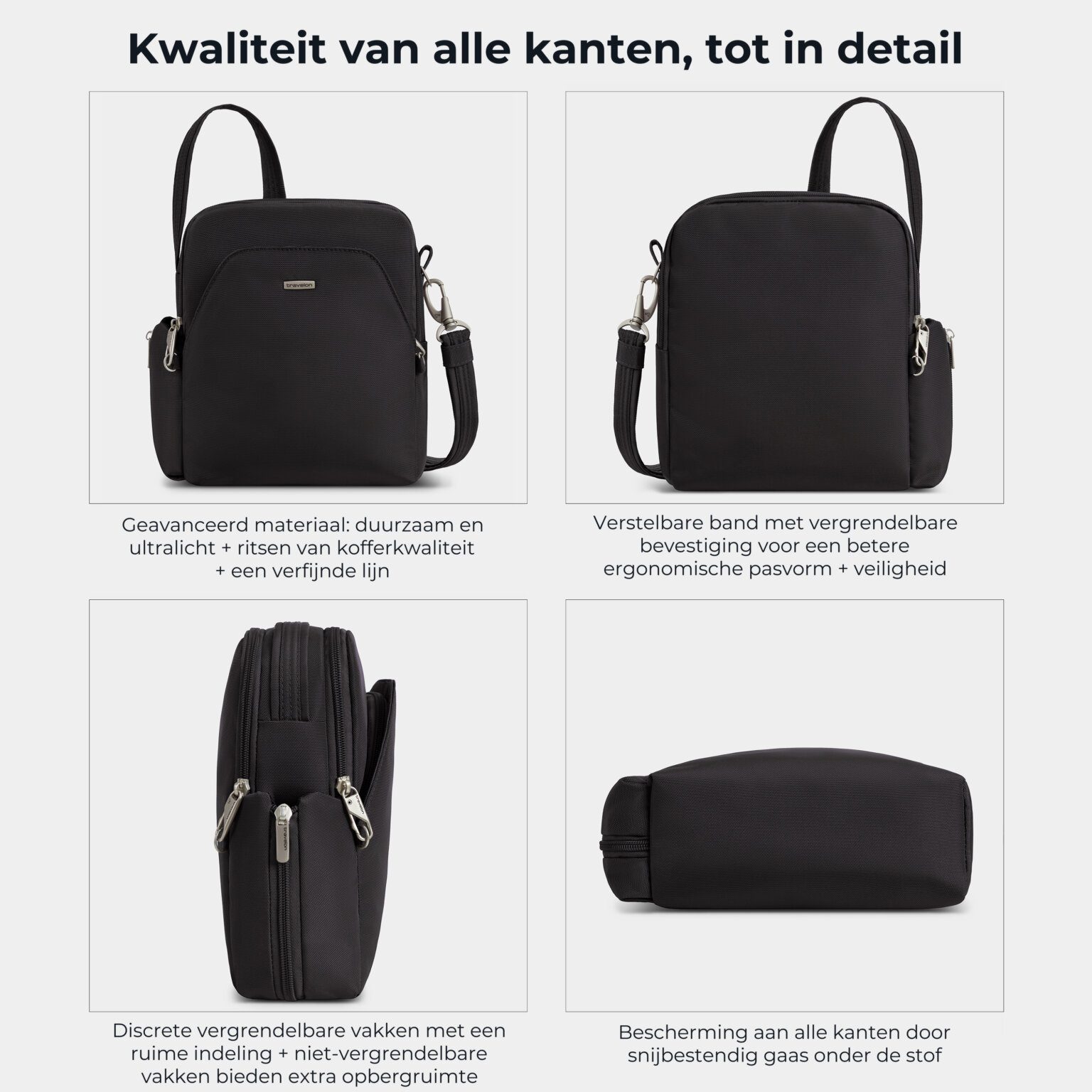 Kwaliteit en details van de Travelon Classic travel bag in zwart van alle kanten