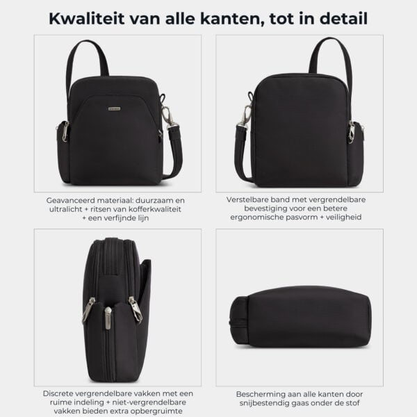 Kwaliteit en details van de Travelon Classic travel bag in zwart van alle kanten