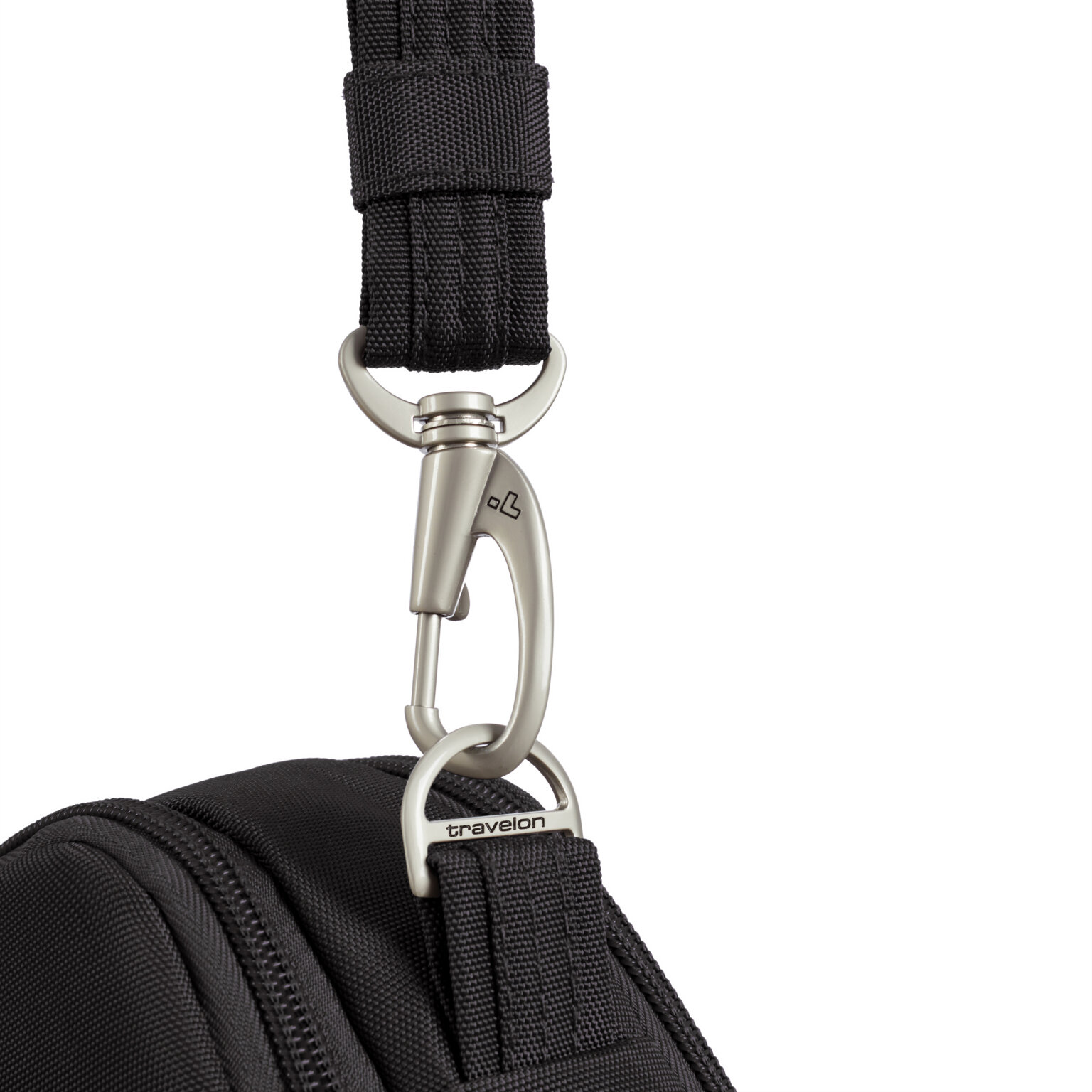 Lockdown-bevestiging van de schouderband van de Travelon Classic travel bag in zwart