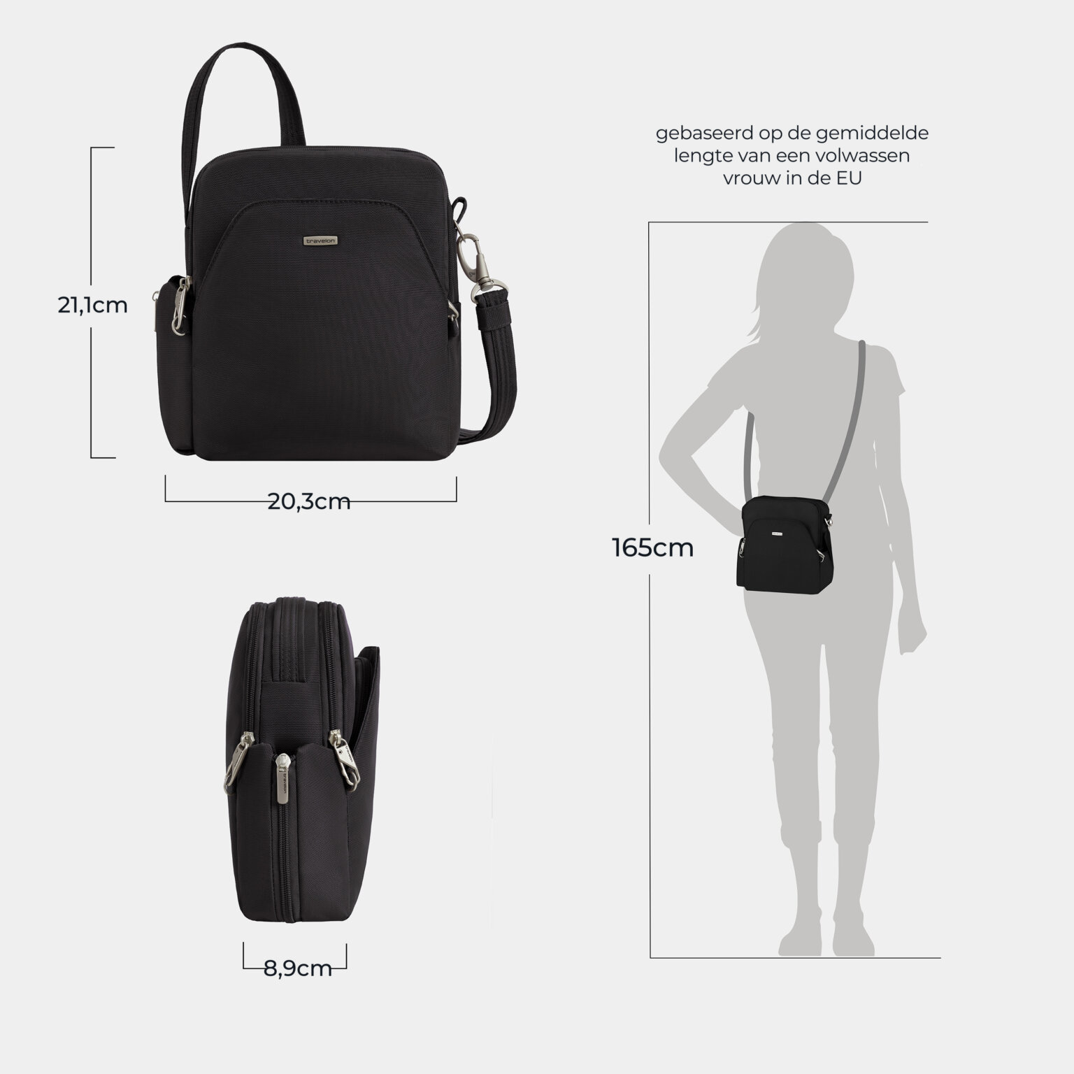 Maattekening van de Travelon Classic travel bag in zwart met de afmetingen in centimeters