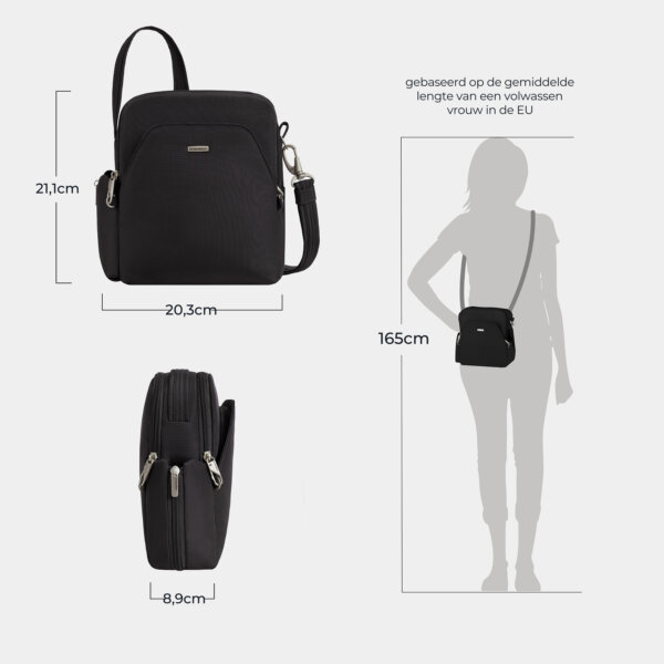 Maattekening van de Travelon Classic travel bag in zwart met de afmetingen in centimeters