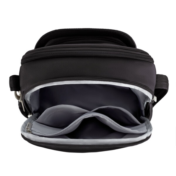 Open bovenkant van de Travelon Classic travel bag in zwart met de grijze voering