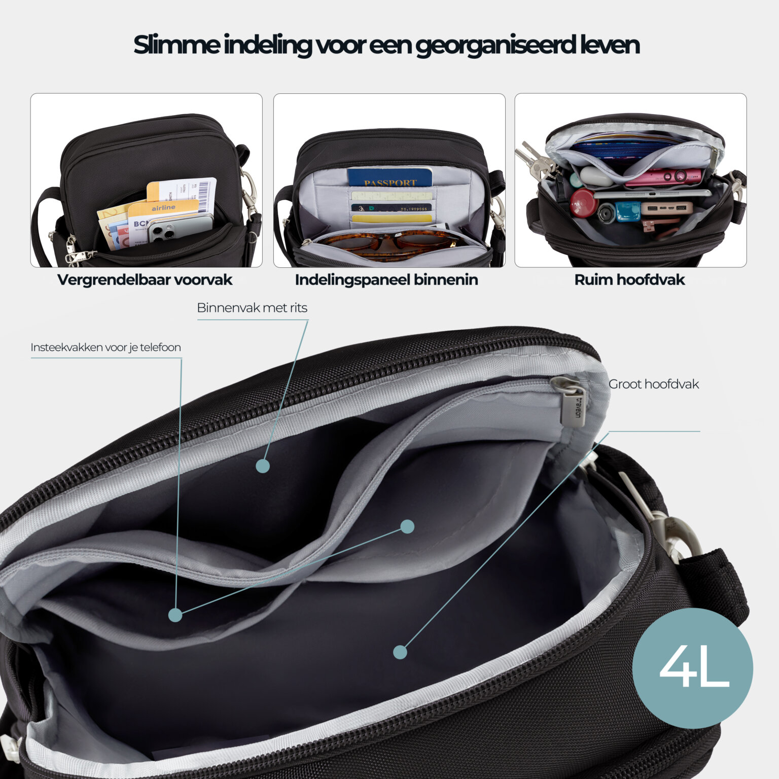 Slimme indeling van de Travelon Classic travel bag in zwart: vergrendelbaar voorvak, indelingspaneel binnenin en ruim hoofdvak