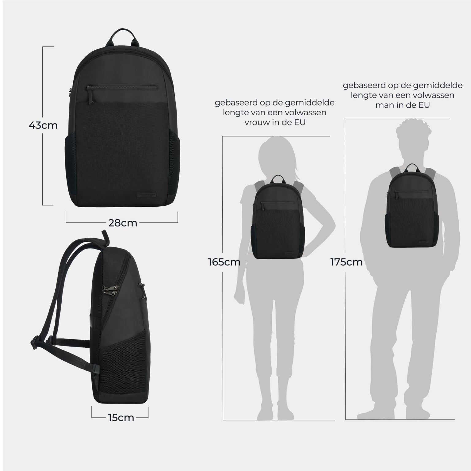 Maattekening van de Travelon Metro Backpack: 43 cm hoog, 28 cm breed en 15 cm diep, afgebeeld op silhouetten van 165 en 175 cm