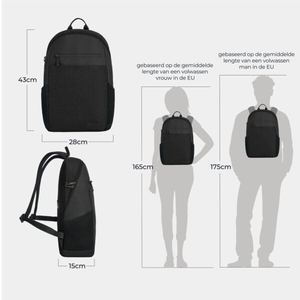 Maattekening van de Travelon Metro Backpack: 43 cm hoog, 28 cm breed en 15 cm diep, afgebeeld op silhouetten van 165 en 175 cm