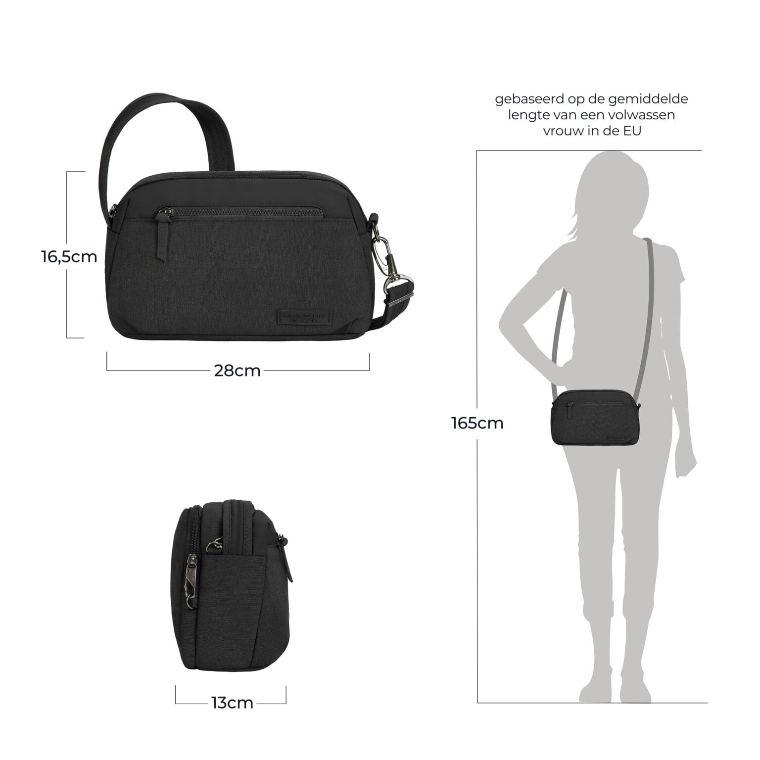Maattekening van de Travelon Metro Dome Crossbody Tas: 16,5 cm hoog, 28 cm breed en 13 cm diep, afgebeeld op een silhouet van 165 cm