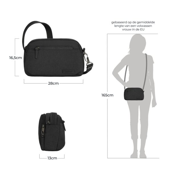 Maattekening van de Travelon Metro Dome Crossbody Tas: 16,5 cm hoog, 28 cm breed en 13 cm diep, afgebeeld op een silhouet van 165 cm