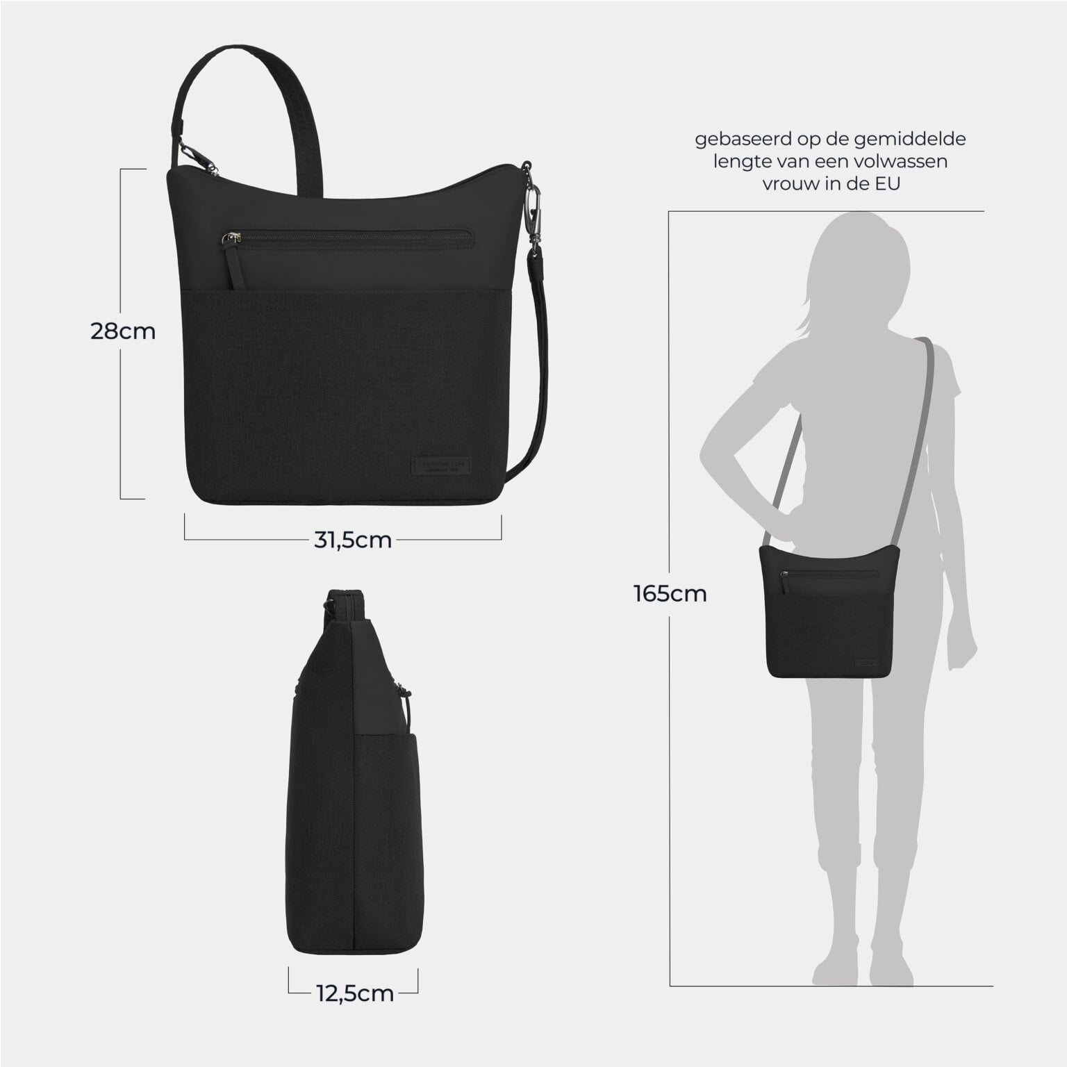 Maattekening van de Travelon Metro M Crossbody Tas: 28 cm hoog, 31,5 cm breed en 12,5 cm diep, afgebeeld op een silhouet van 165 cm