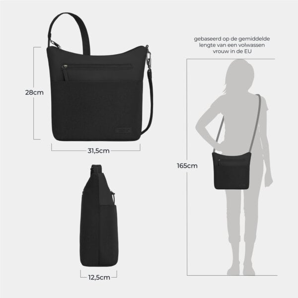 Maattekening van de Travelon Metro M Crossbody Tas: 28 cm hoog, 31,5 cm breed en 12,5 cm diep, afgebeeld op een silhouet van 165 cm