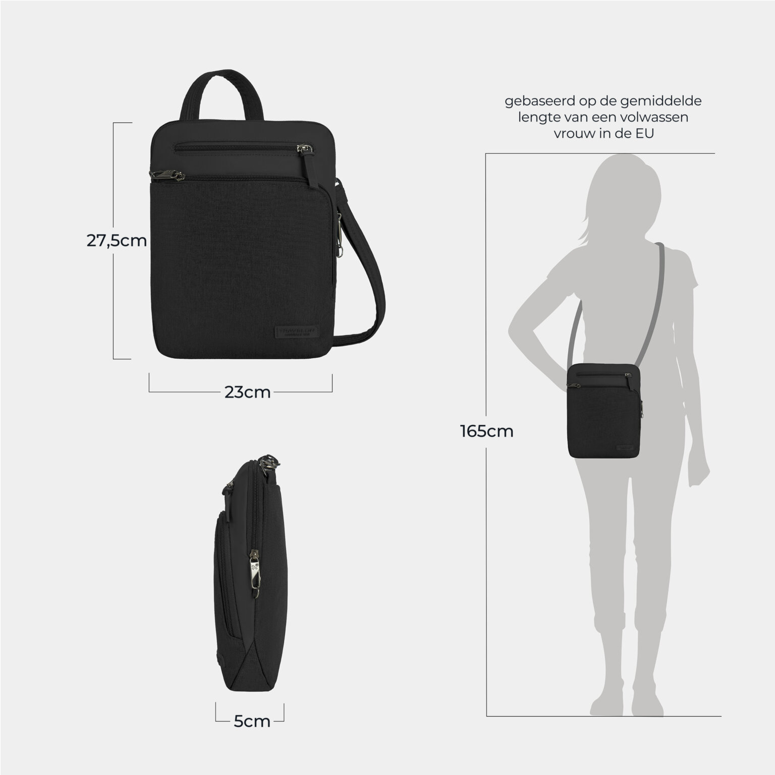 Maattekening van de Travelon Metro S Crossbody Tas: 27,5 cm hoog, 23 cm breed en 5 cm diep, afgebeeld op een silhouet van 165 cm