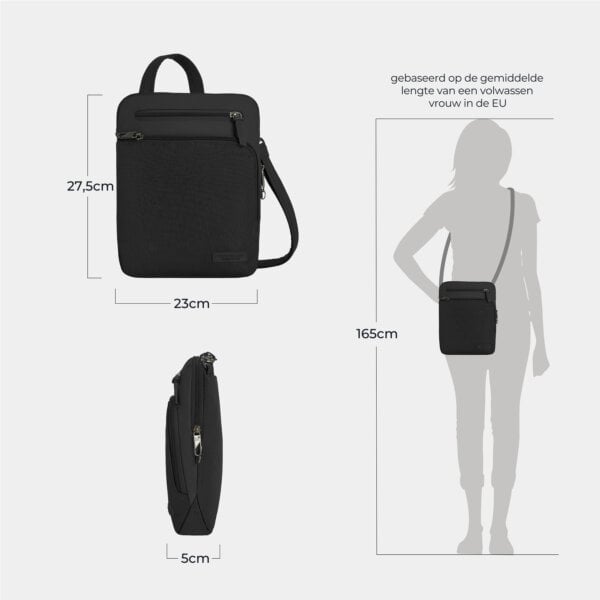 Maattekening van de Travelon Metro S Crossbody Tas: 27,5 cm hoog, 23 cm breed en 5 cm diep, afgebeeld op een silhouet van 165 cm