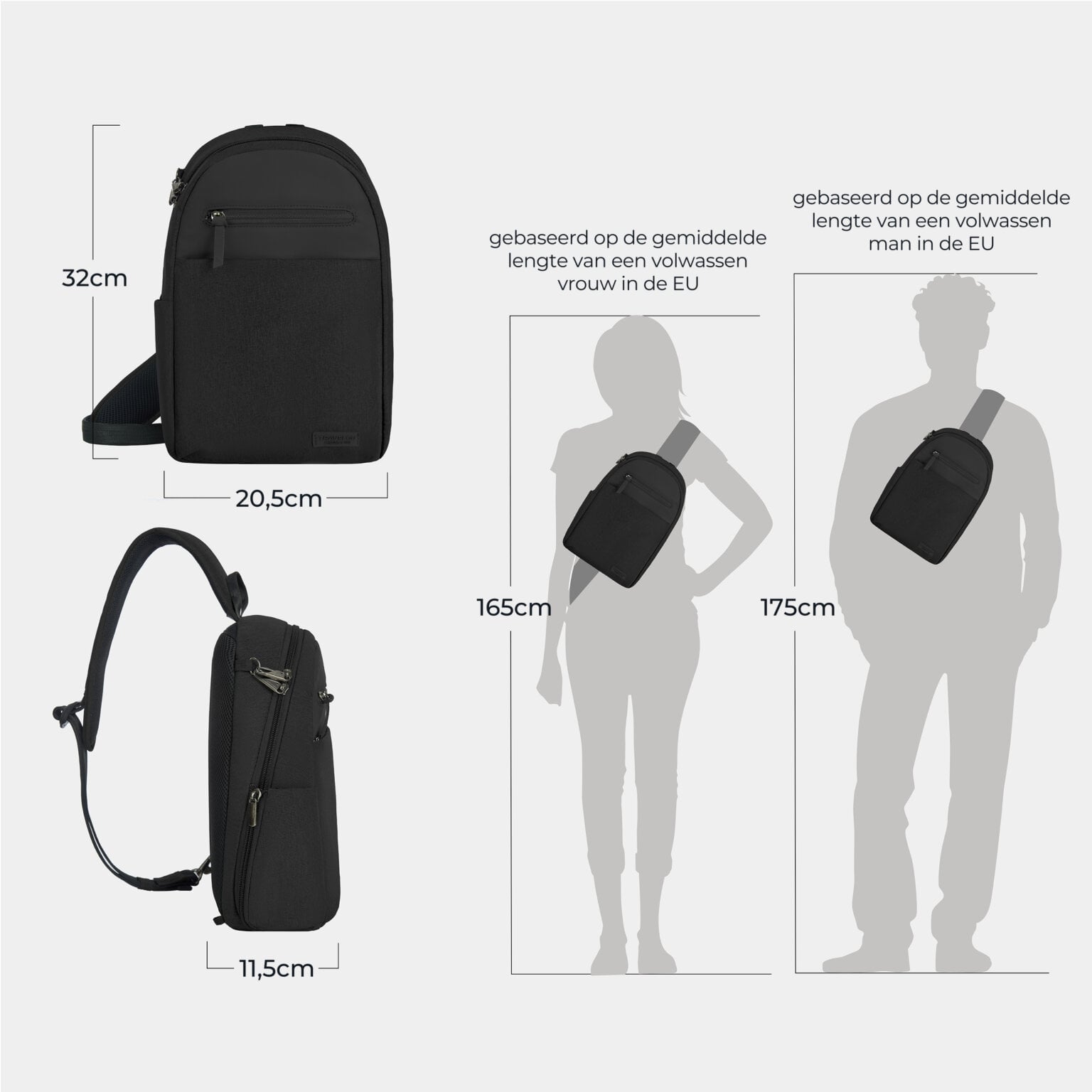 Maattekening van de Travelon Metro Sling Bag: 32 cm hoog, 20,5 cm breed en 11,5 cm diep, afgebeeld op silhouetten van 165 en 175 cm