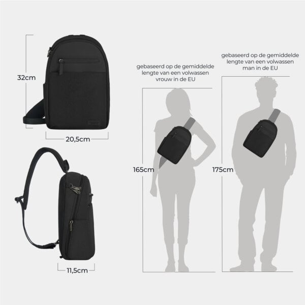 Maattekening van de Travelon Metro Sling Bag: 32 cm hoog, 20,5 cm breed en 11,5 cm diep, afgebeeld op silhouetten van 165 en 175 cm