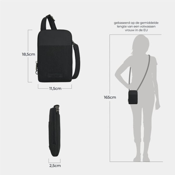 Maattekening van de Travelon Metro Stadium Mini Tas: 18,5 cm hoog, 11,5 cm breed en 2,5 cm diep, afgebeeld op een silhouet van 165 cm
