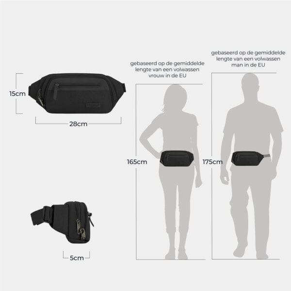 Maattekening van de Travelon Metro Waistpack: 15 cm hoog, 28 cm breed en 5 cm diep, afgebeeld op silhouetten van 165 en 175 cm