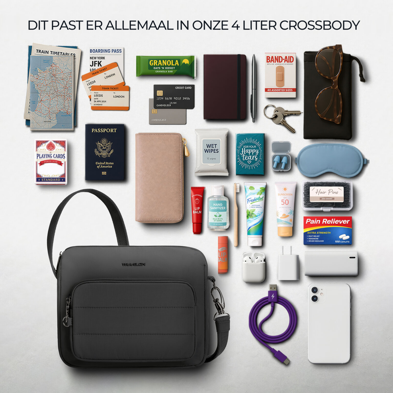 Overzicht van alles wat in de 4 liter van de Travelon Roam brede crossbody tas past