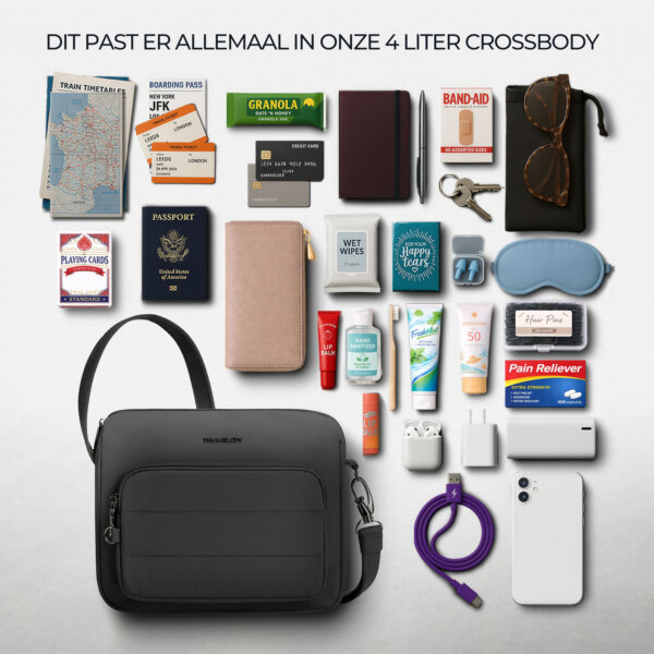 Overzicht van alles wat in de 4 liter van de Travelon Roam brede crossbody tas past