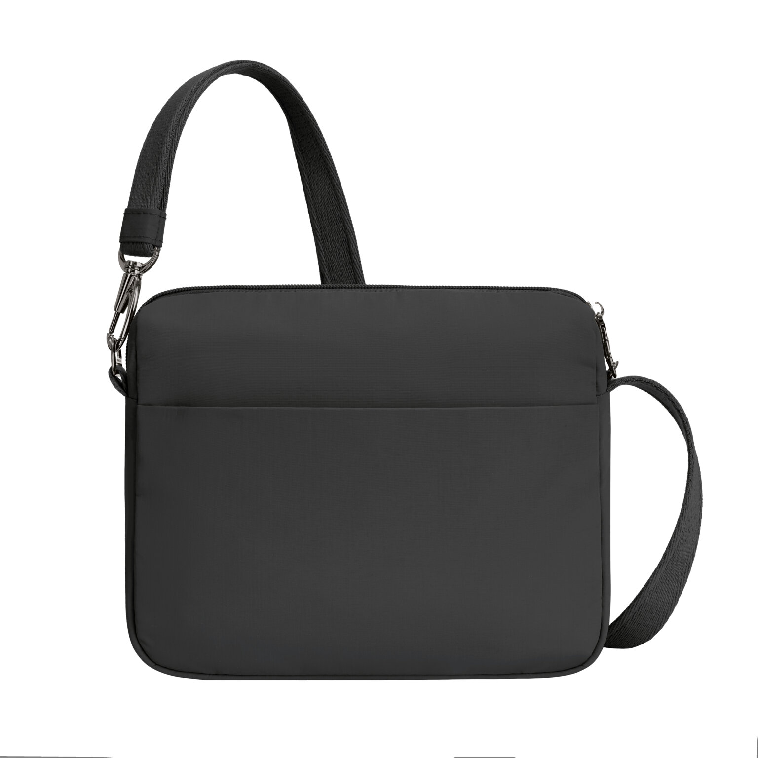 Achterkant van de Travelon Roam brede crossbody tas in zwart