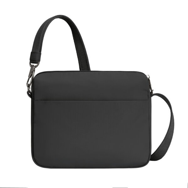 Achterkant van de Travelon Roam brede crossbody tas in zwart