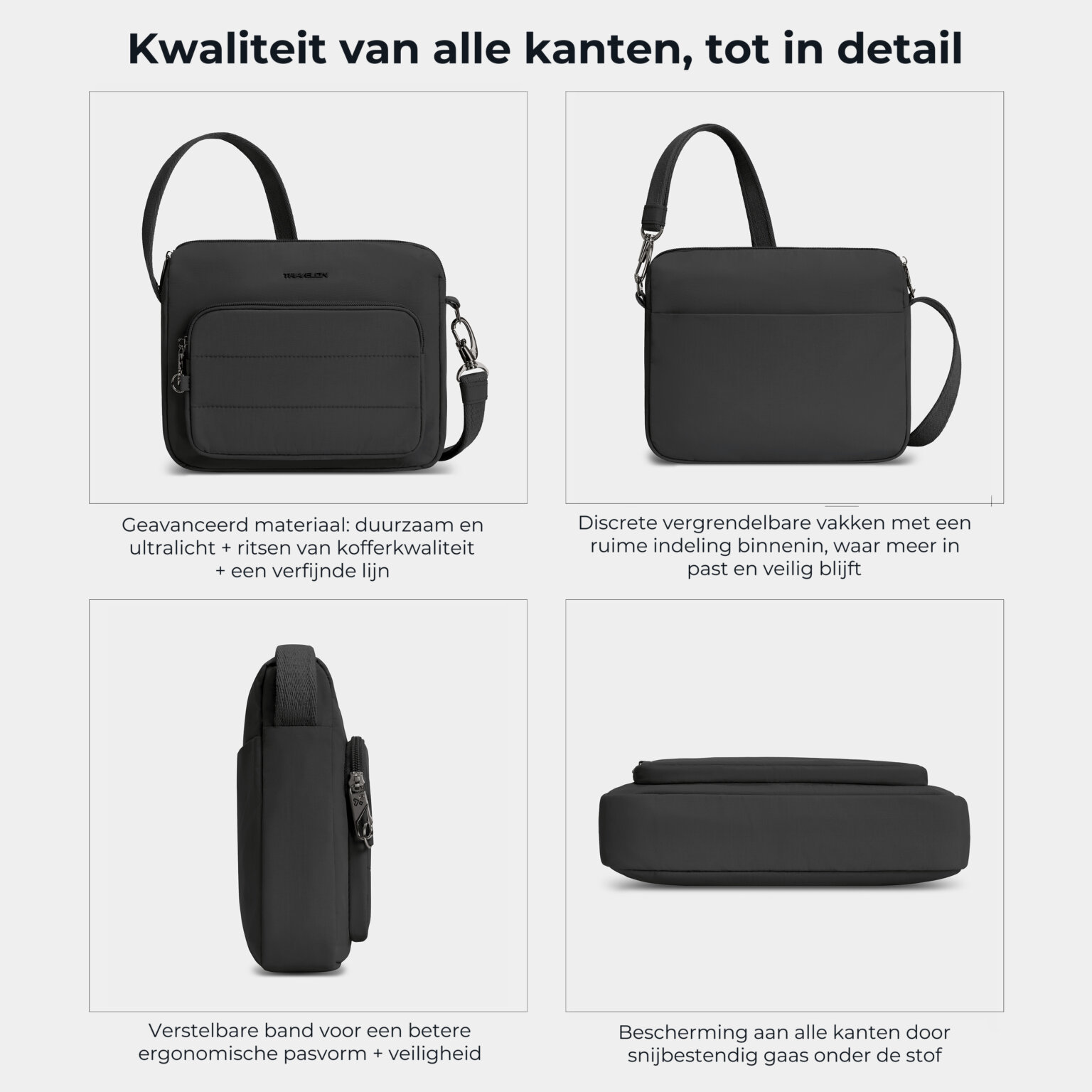 Materiaal, vakken, schouderband en snijbestendig gaas van de Travelon Roam brede crossbody tas in zwart