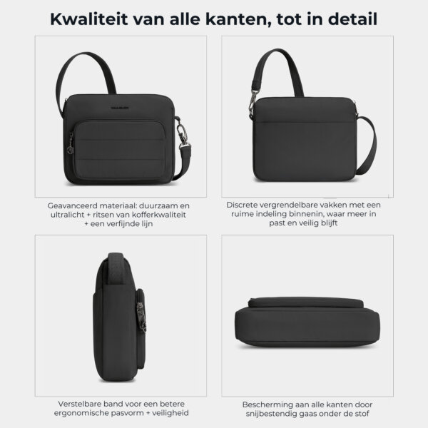 Materiaal, vakken, schouderband en snijbestendig gaas van de Travelon Roam brede crossbody tas in zwart
