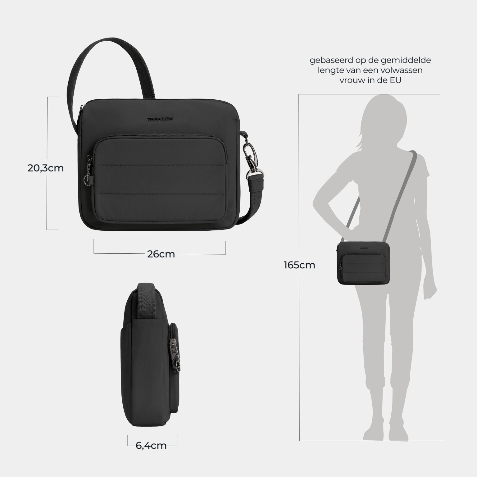 Maattekening van de Travelon Roam brede crossbody tas in zwart: 26 cm breed, 20,3 cm hoog en 6,4 cm diep