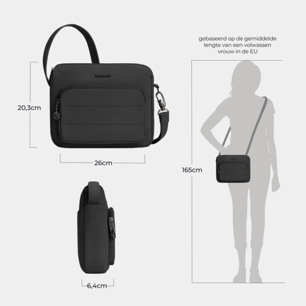 Maattekening van de Travelon Roam brede crossbody tas in zwart: 26 cm breed, 20,3 cm hoog en 6,4 cm diep