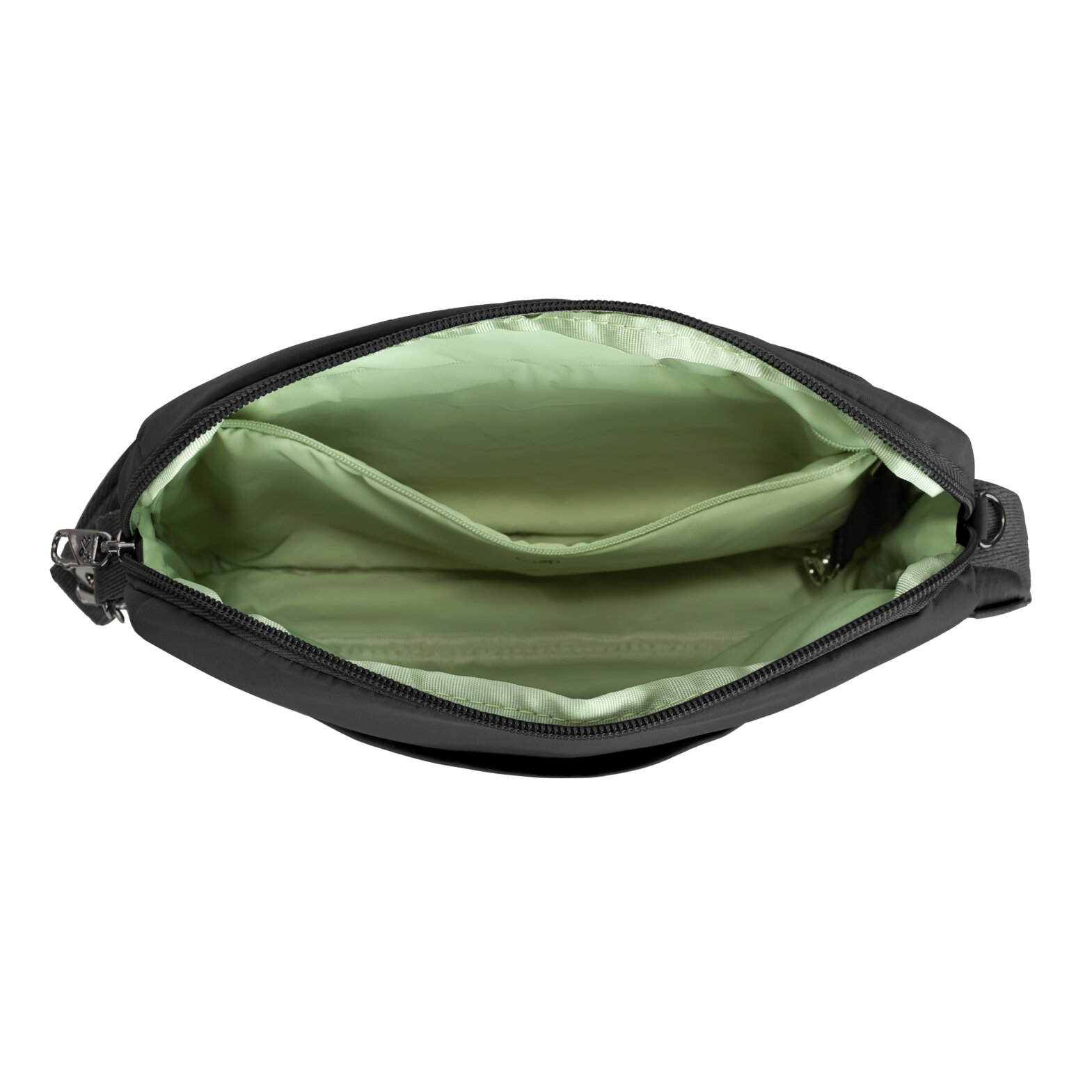 Open bovenkant van de Travelon Roam brede crossbody tas in zwart met de lichtgroene voering