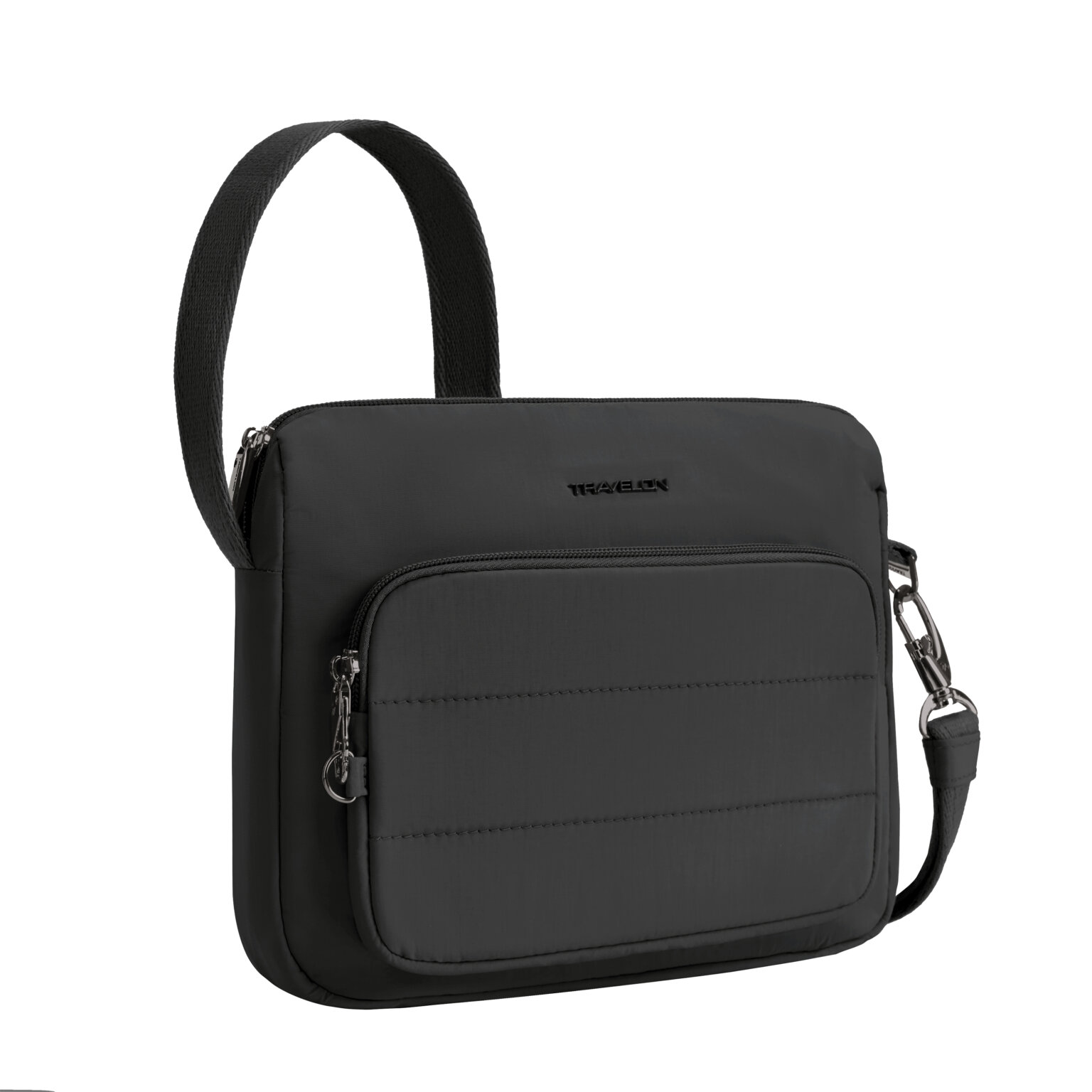 Vooraanzicht van de Travelon Roam brede crossbody tas in zwart