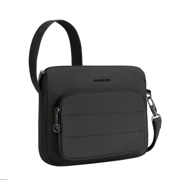 Vooraanzicht van de Travelon Roam brede crossbody tas in zwart