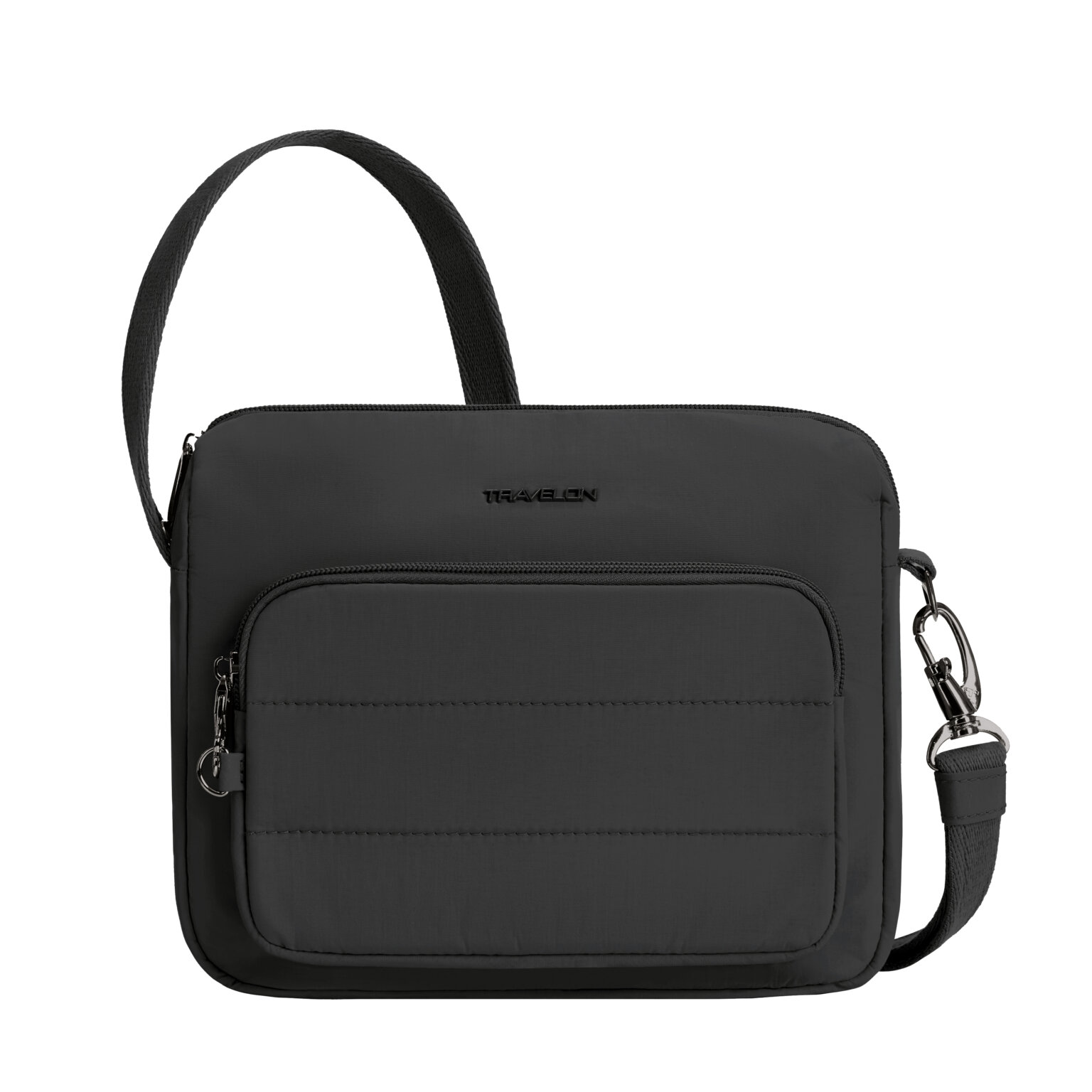 Vooraanzicht van de Travelon Roam brede crossbody tas in zwart