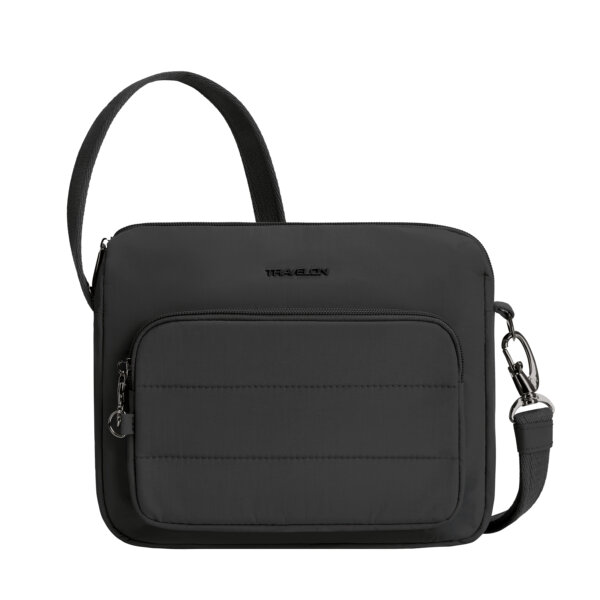 Vooraanzicht van de Travelon Roam brede crossbody tas in zwart