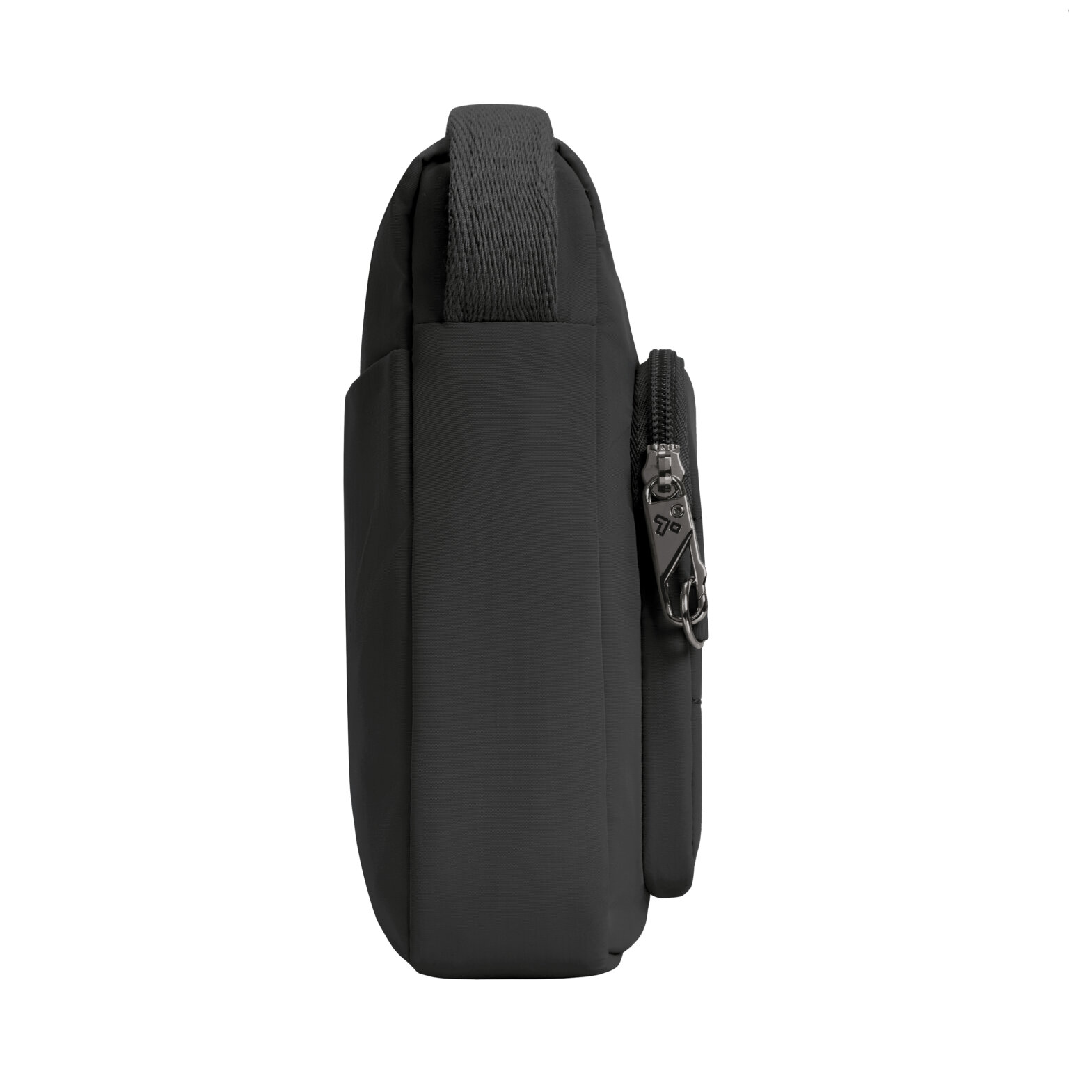 Zijkant van de Travelon Roam brede crossbody tas in zwart