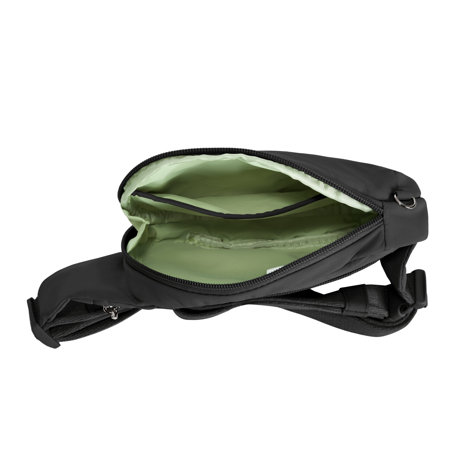 Open hoofdvak van de Travelon Roam compact sling in zwart met de lichtgroene voering