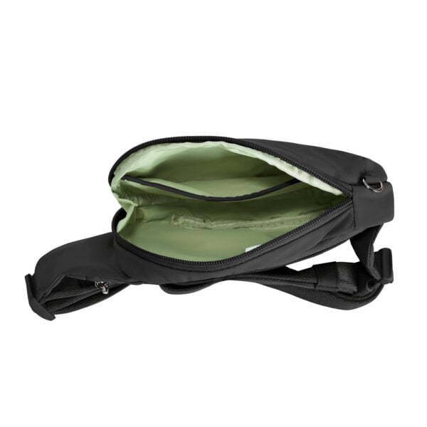 Open hoofdvak van de Travelon Roam compact sling in zwart met de lichtgroene voering