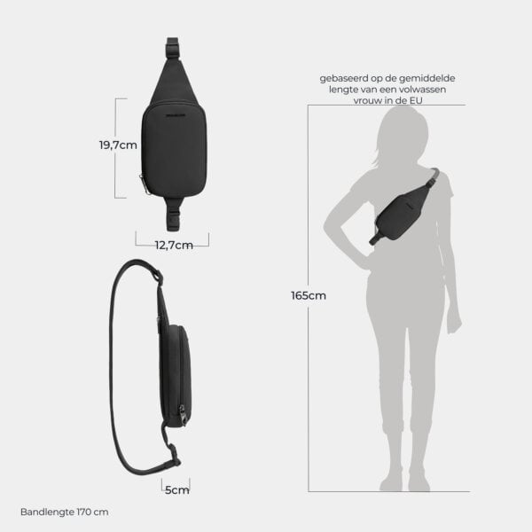 Maattekening van de Travelon Roam compact sling in zwart met de afmetingen in centimeters
