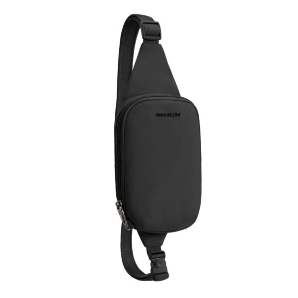 Vooraanzicht van de Travelon Roam compact sling in zwart